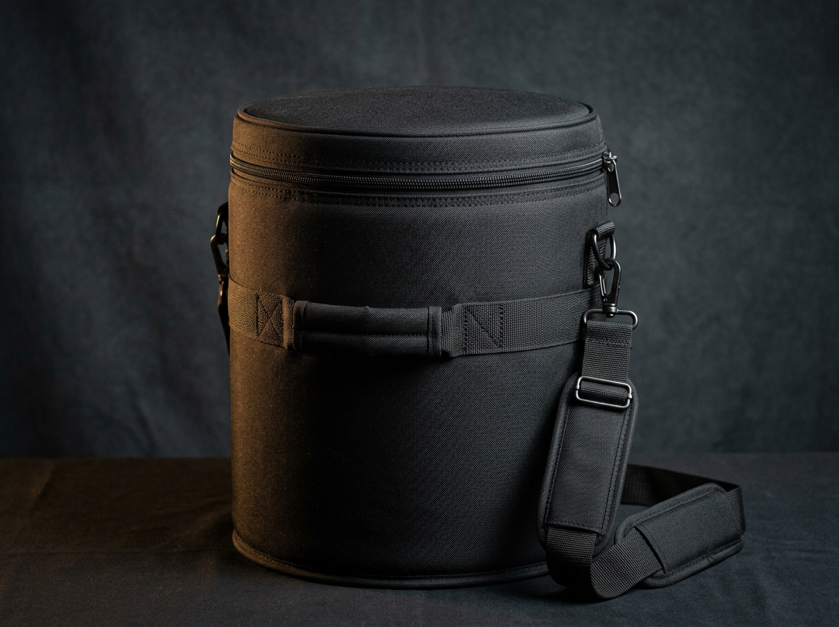 Black padded percussion instrument bag with shoulder strap