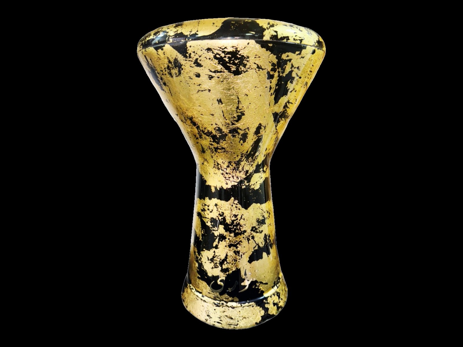 Tannoury professional darbuka in black gold leaf finish with Arabic Tannoury logo