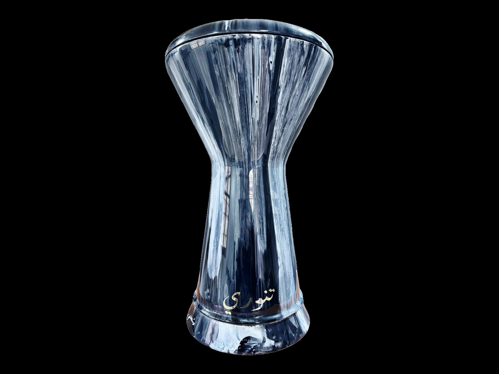Tannoury professional darbuka in black and white marbled finish with Arabic Tannoury logo