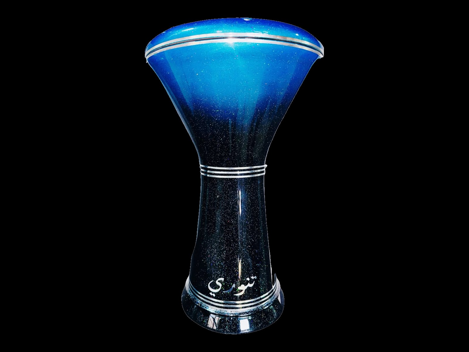 Tannoury professional darbuka in blue black sparkle finish with Arabic Tannoury logo