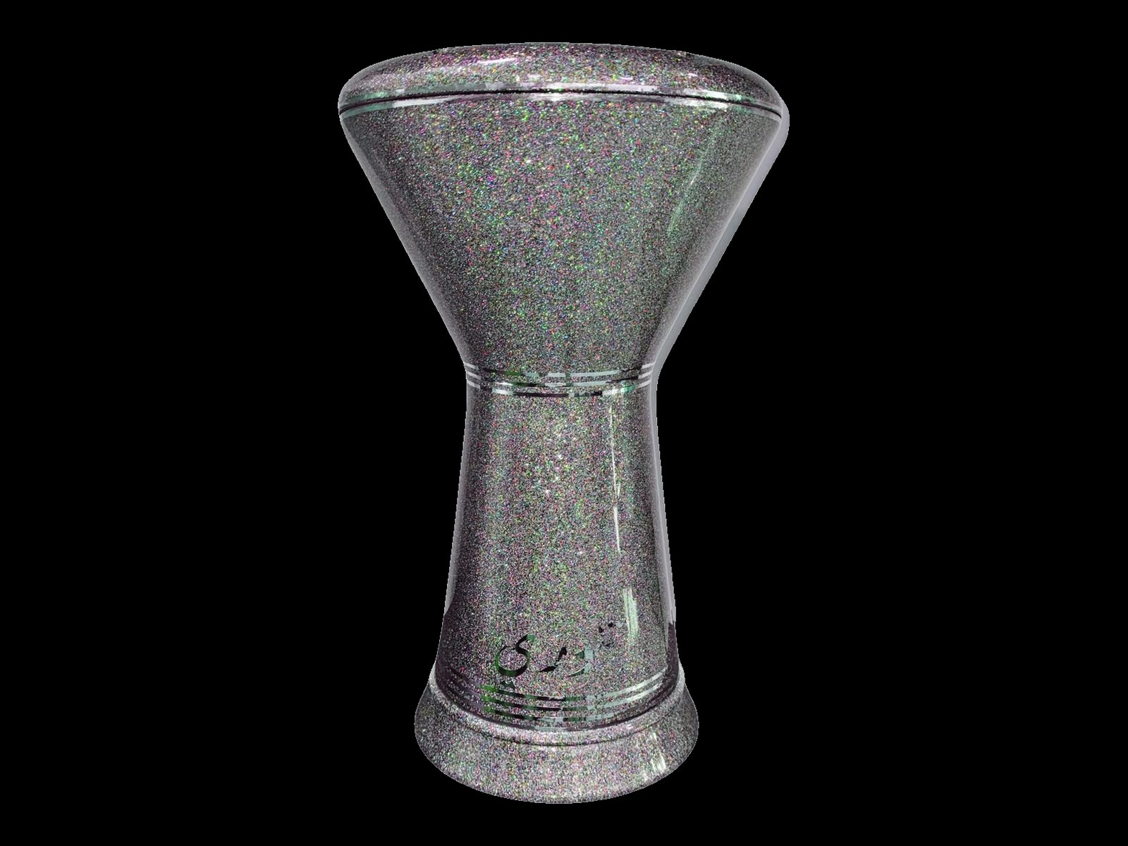 Tannoury professional darbuka in holographic rainbow finish with Arabic Tannoury logo