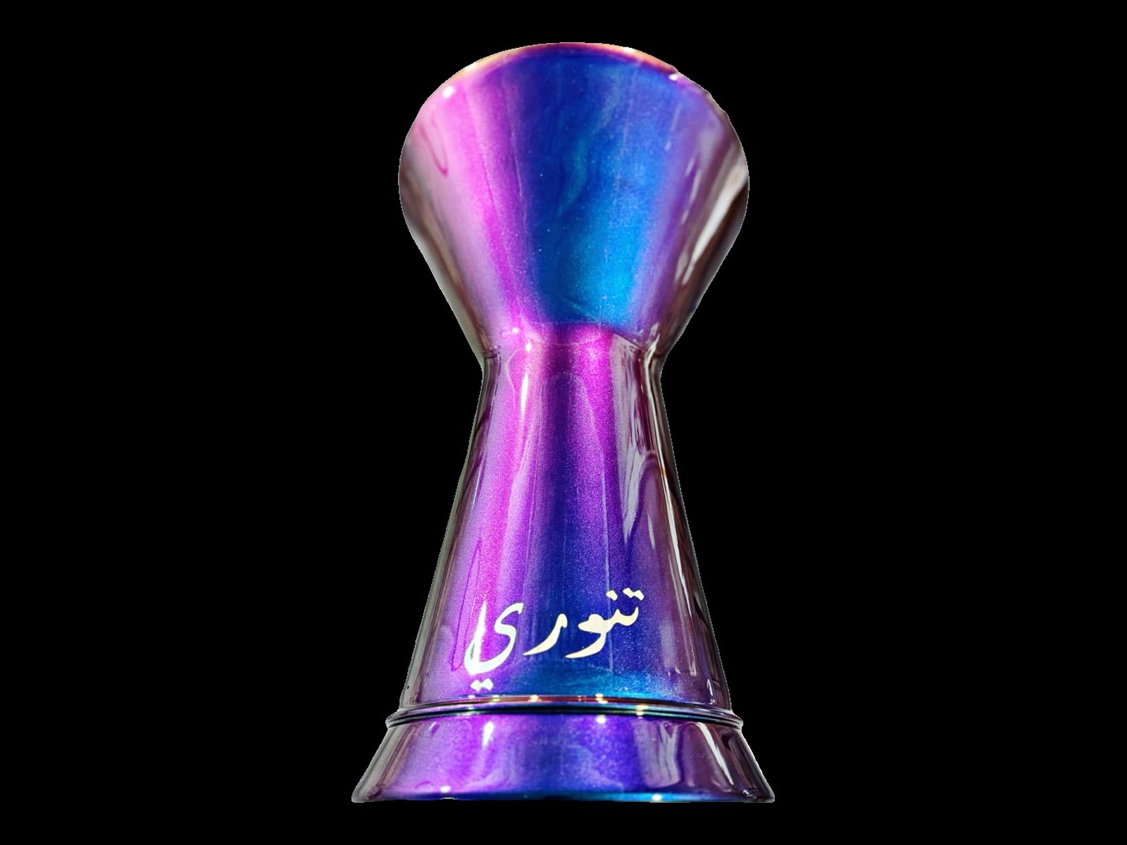 Tannoury professional darbuka in purple blue chameleon finish with Arabic Tannoury logo
