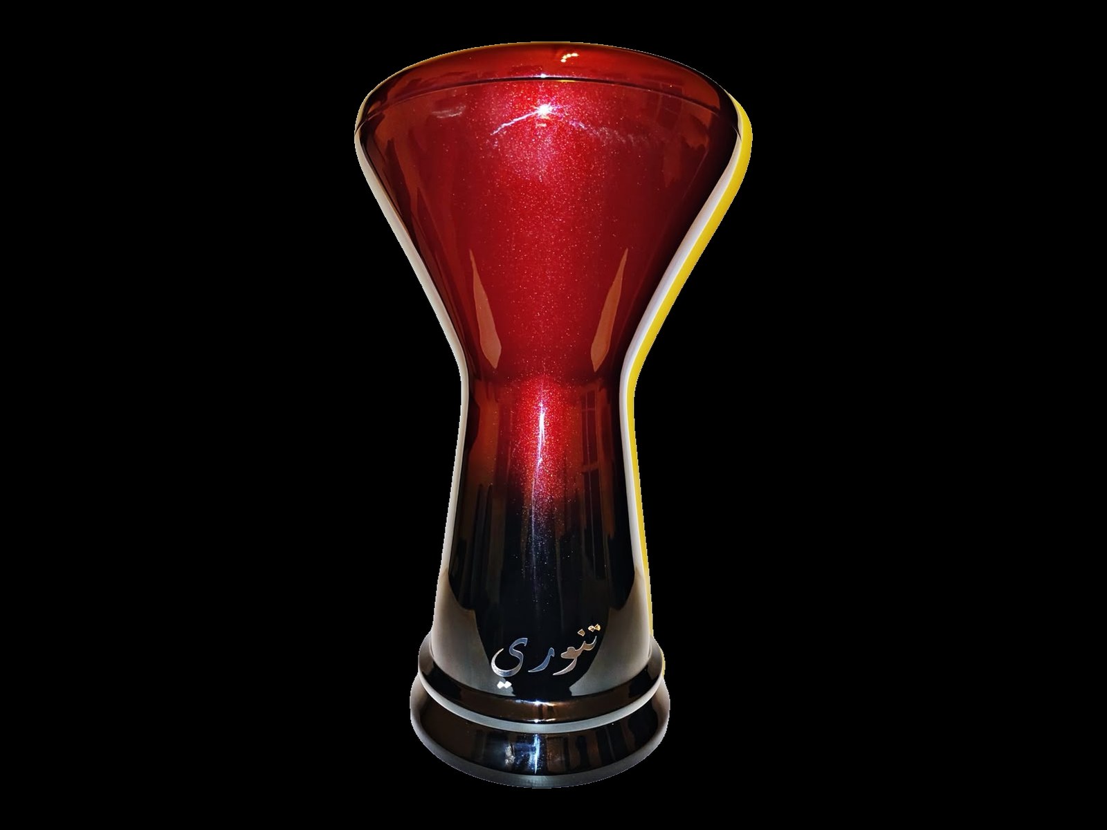 Tannoury professional darbuka in red black fade finish with Arabic Tannoury logo