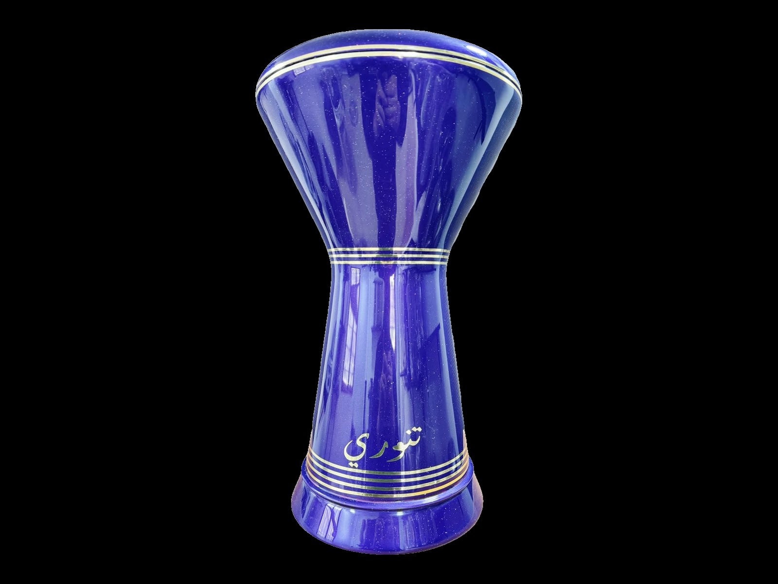 Tannoury professional darbuka in royal blue sparkle finish with Arabic Tannoury logo