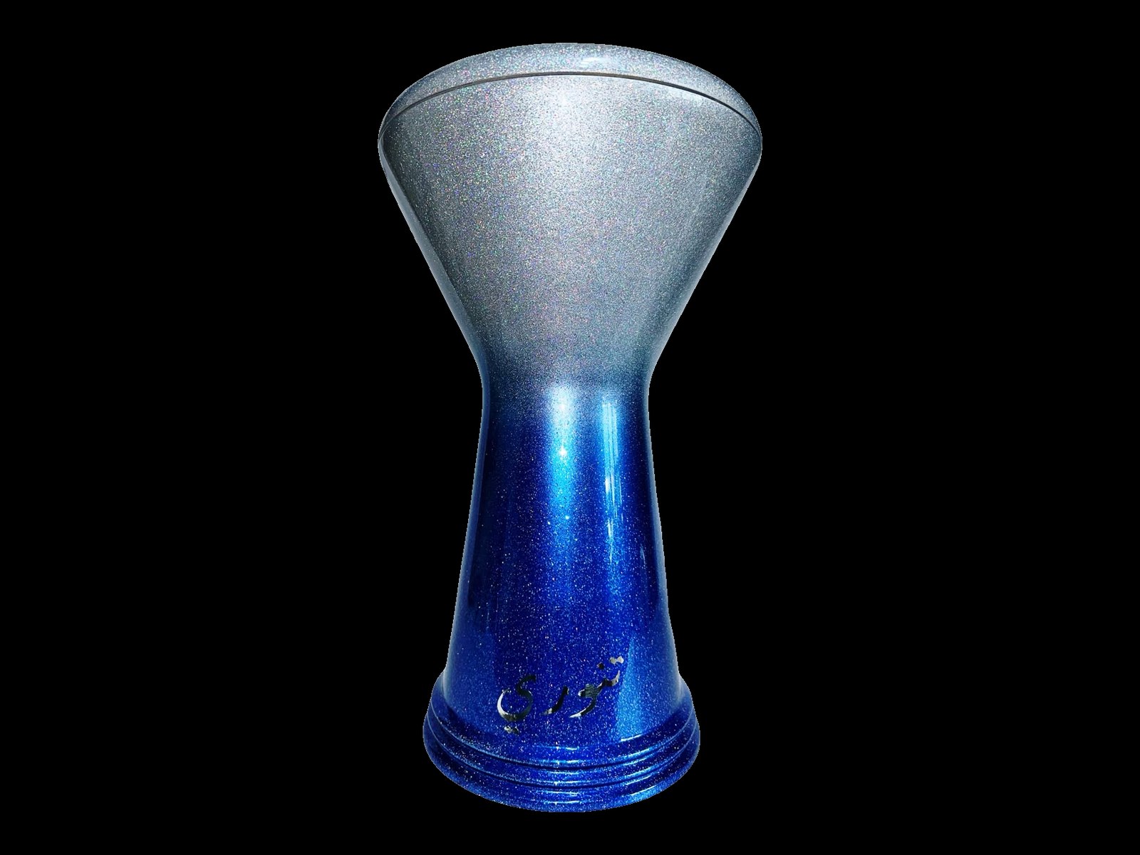 Tannoury professional darbuka in silver blue sparkle finish with Arabic Tannoury logo
