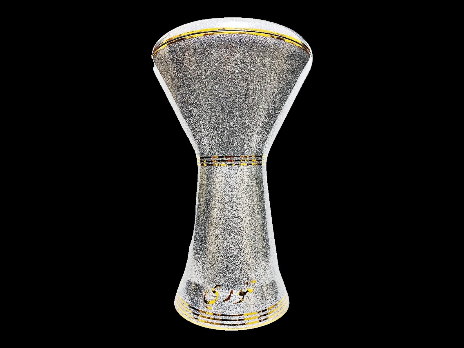 Tannoury professional darbuka in silver glitter finish with Arabic Tannoury logo