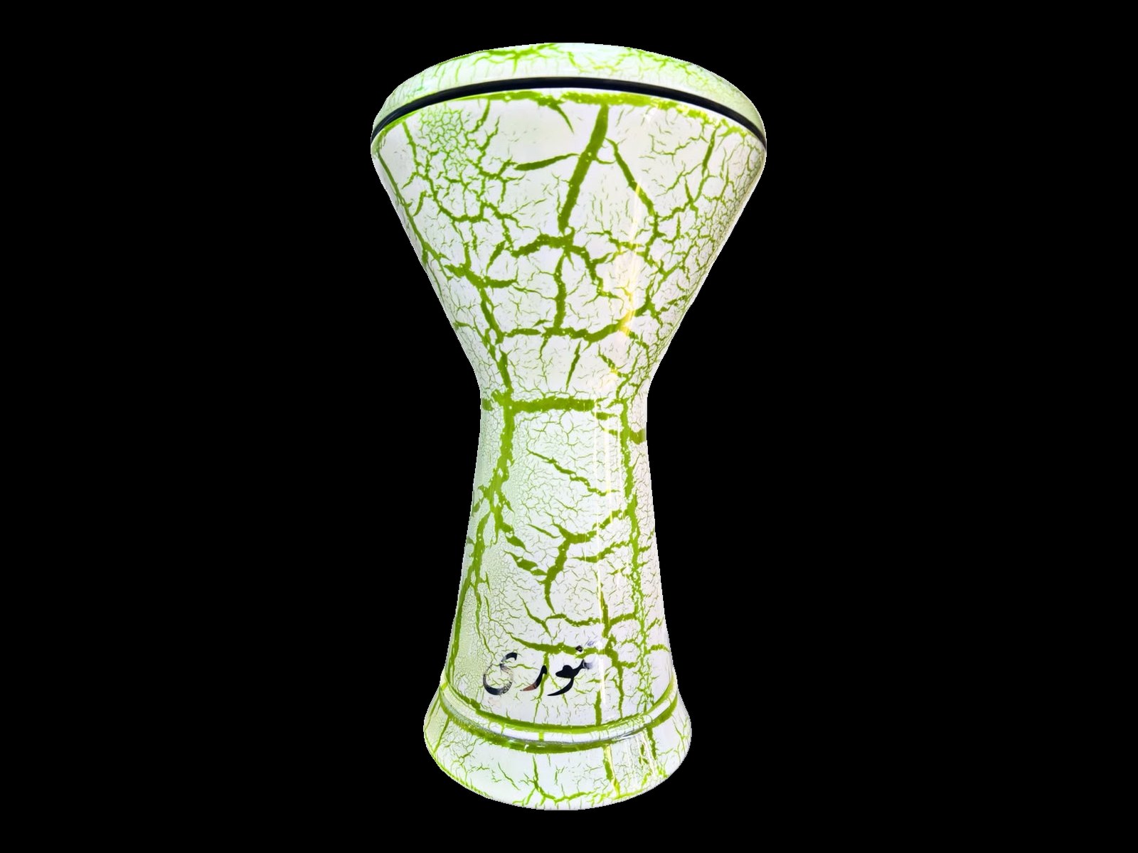 Tannoury professional darbuka in white green crackle finish with Arabic Tannoury logo
