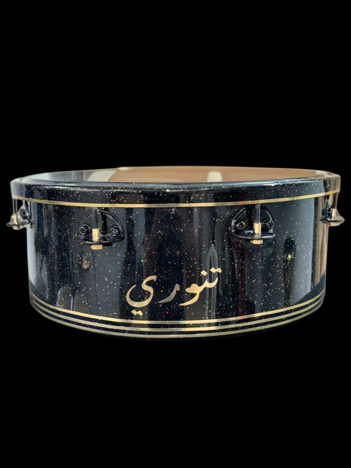 Tannoury khatem in black sparkle finish with gold rings and gold Arabic Tannoury logo