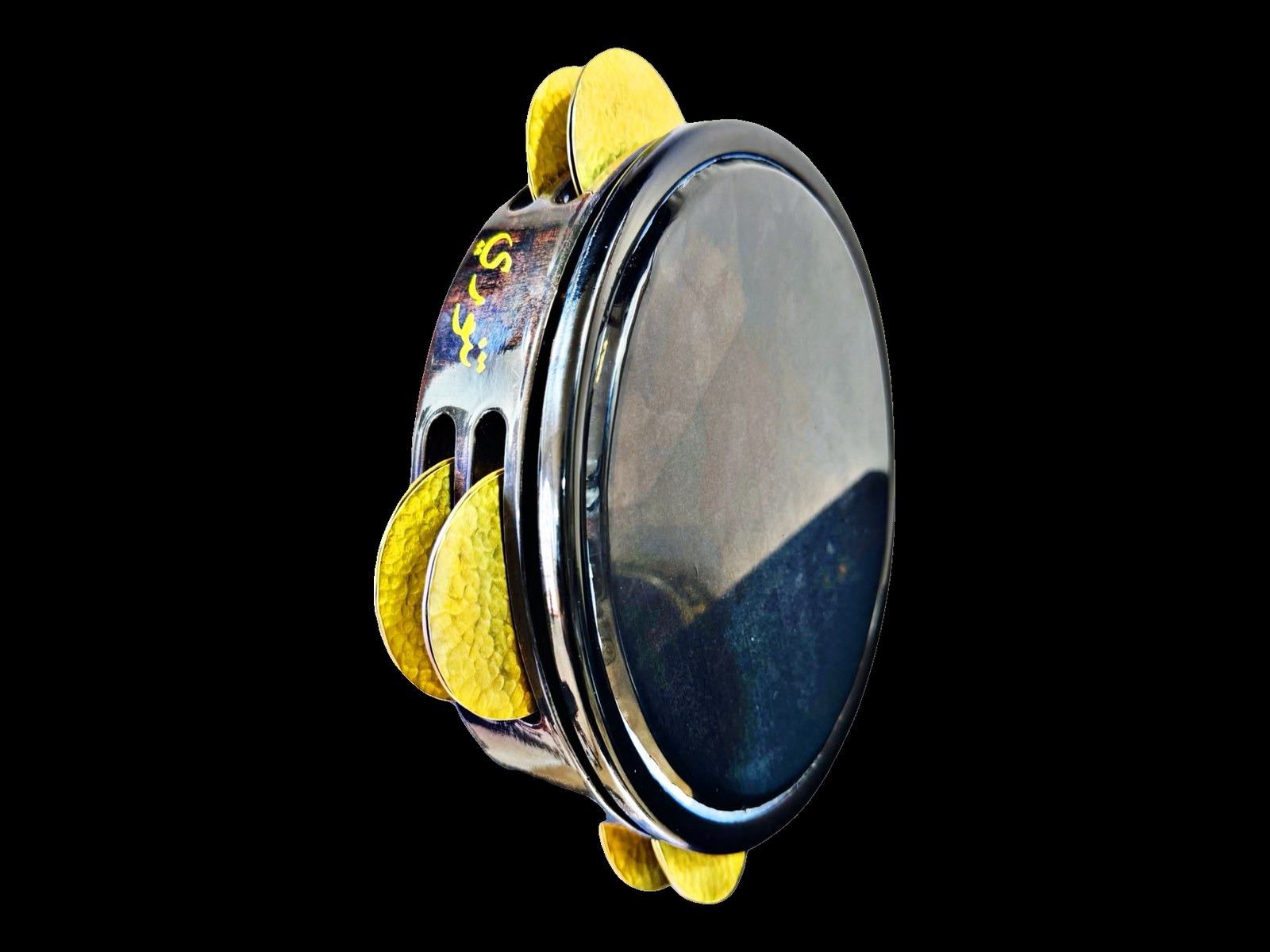 Tannoury 23 cm riq in black chrome finish with brass jingles and gold Arabic Tannoury calligraphy