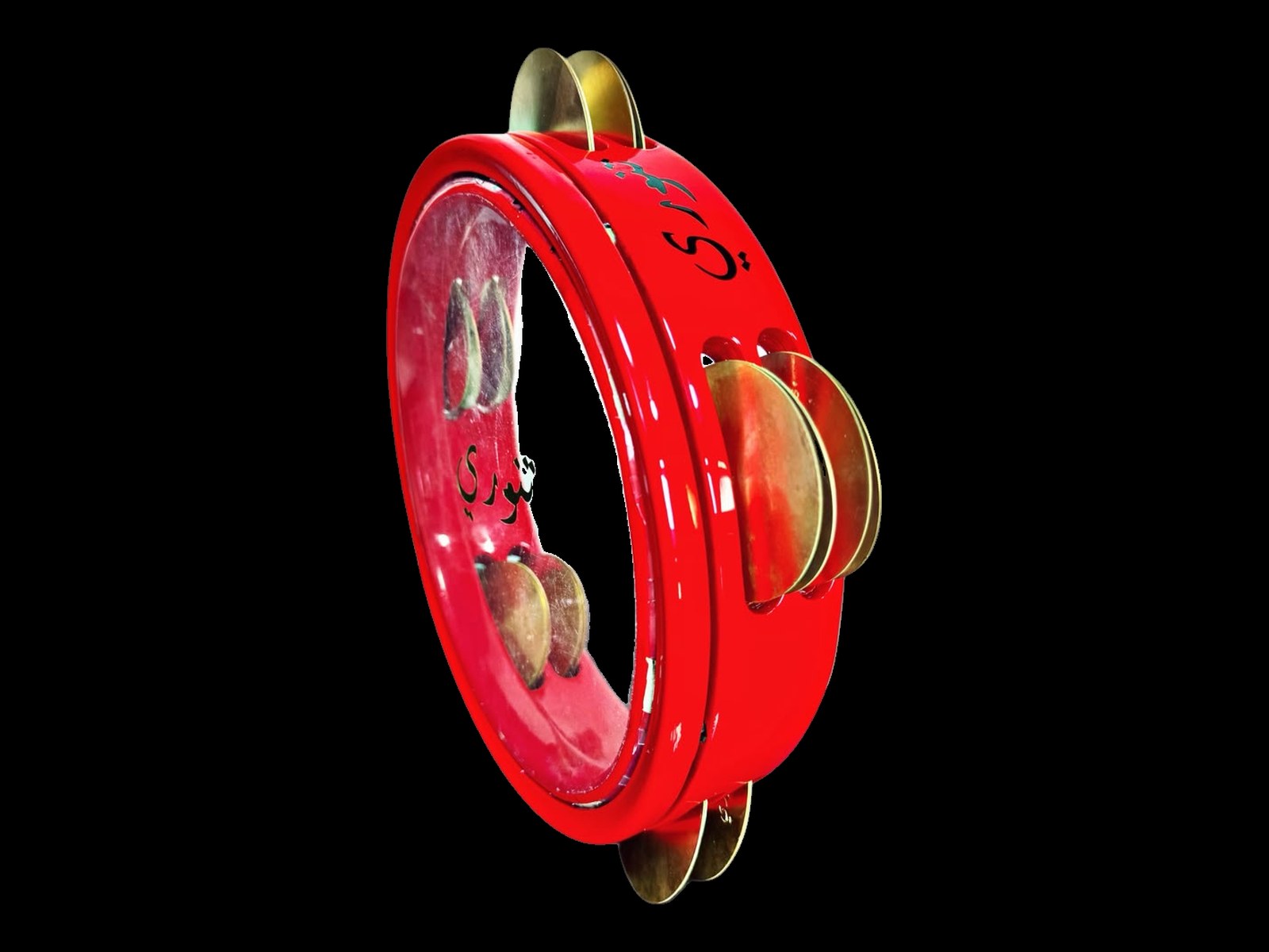 Tannoury 23 cm riq in fluo red finish with brass jingles and Arabic Tannoury logo