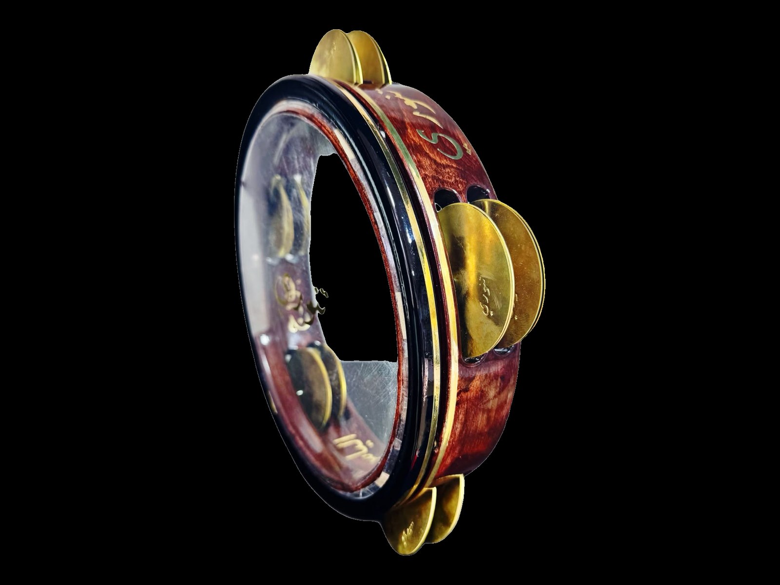 Tannoury 23 cm riq in red wood finish with brass jingles and gold Arabic Tannoury calligraphy