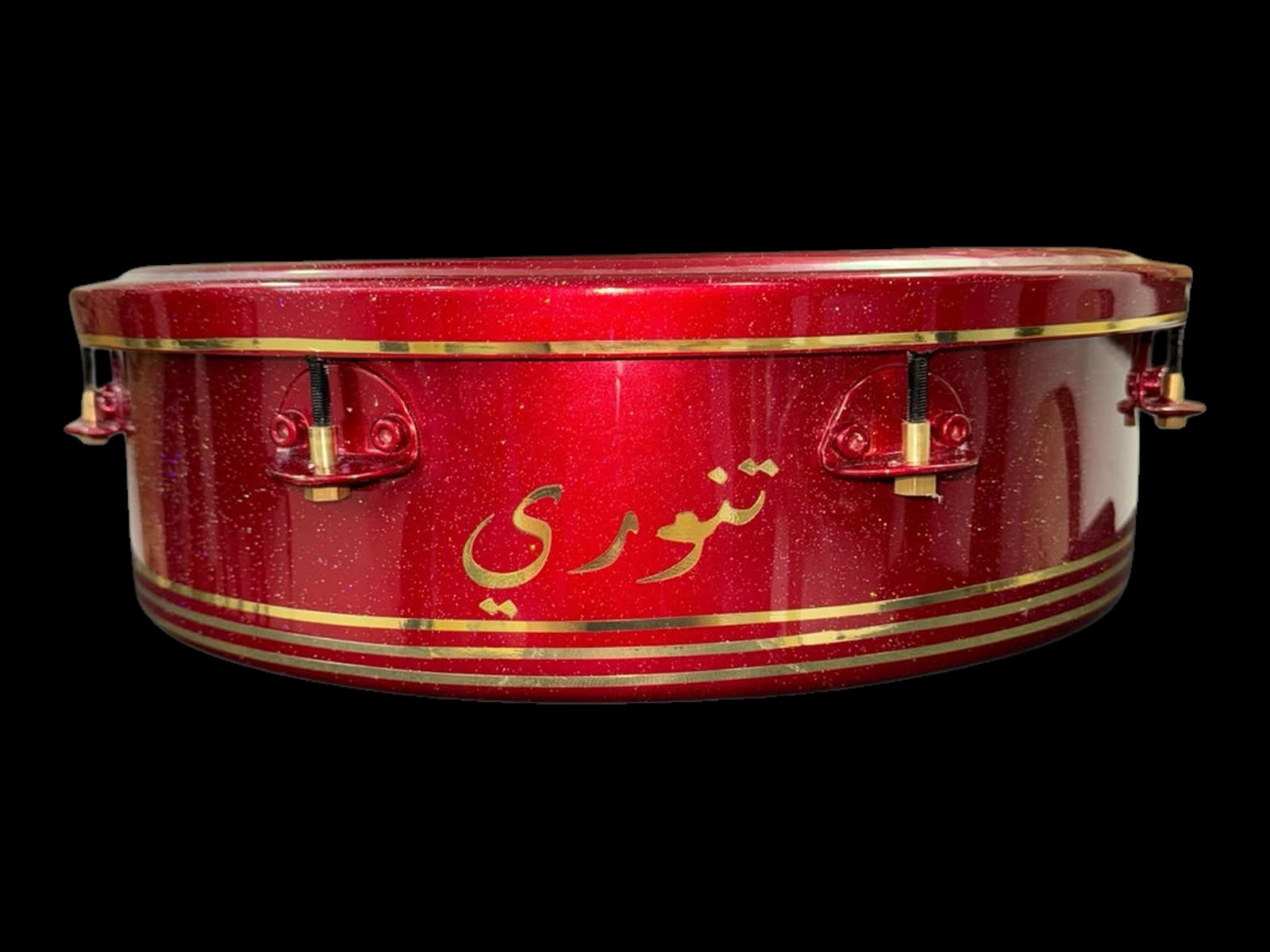 Tannoury tar in red sparkle finish with gold rings and gold Arabic Tannoury logo