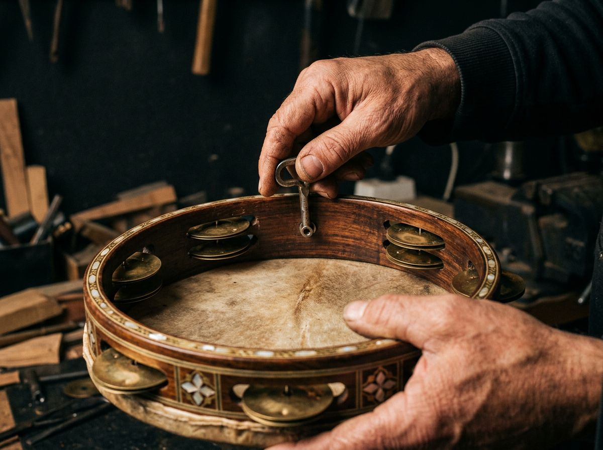 Craftsman tuning a riq with a tuning key in the workshop