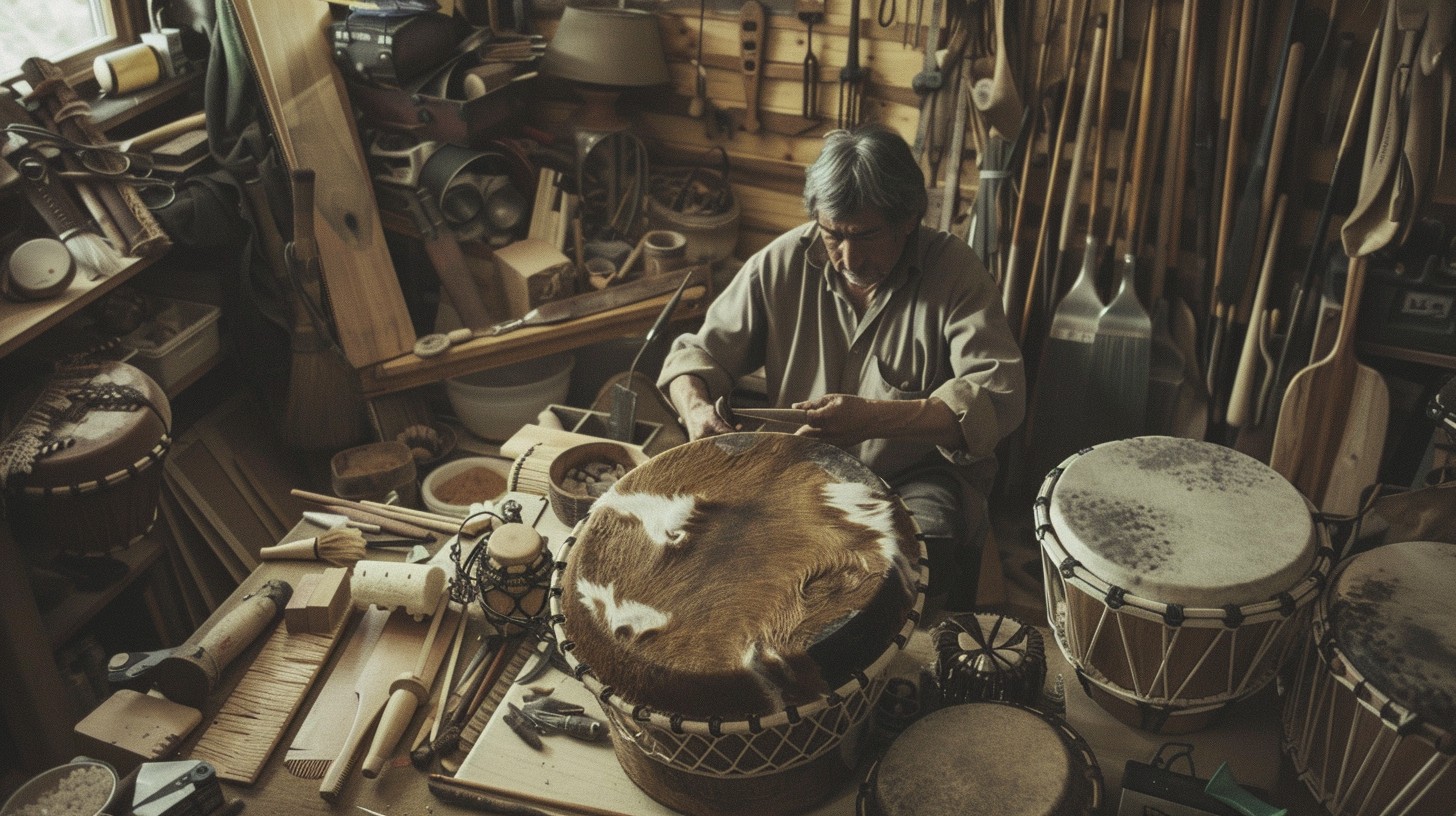 Percussion instrument workshop with drums in progress